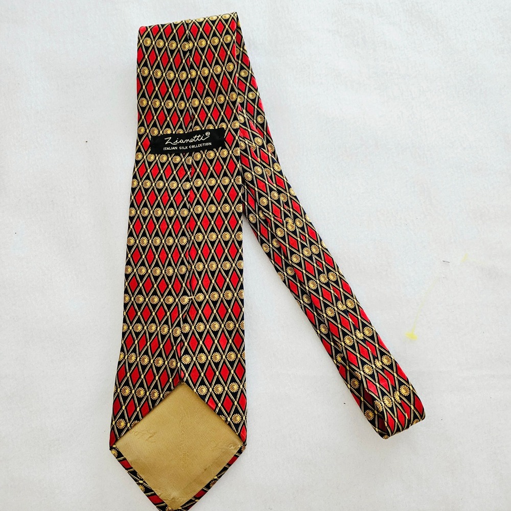 Zianetti Italian Silk Tie Mens Red Navy Gold Diamond Sunburst Geometric USA made - Picture 5 of 5